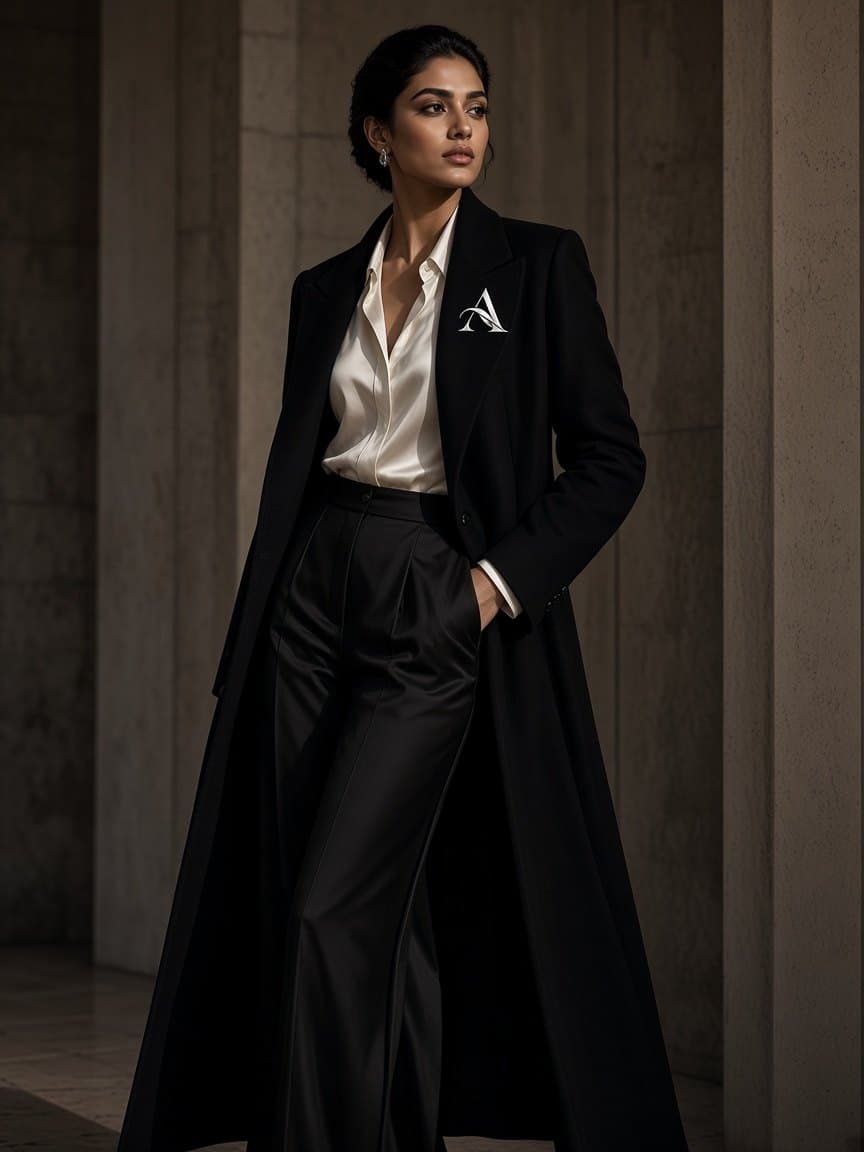 Woman in a black coat and ivory silk blouse between stone columns