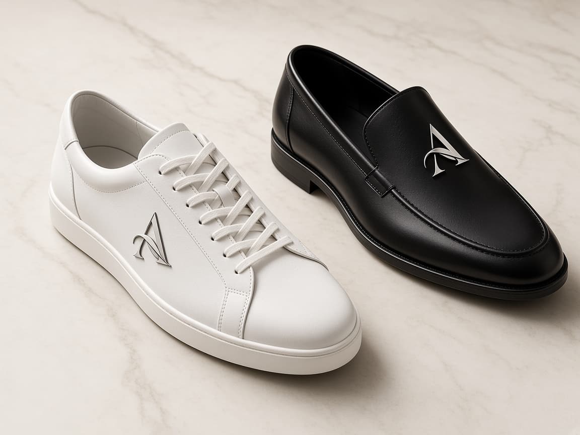 White court sneaker and black leather loafer on ivory stone