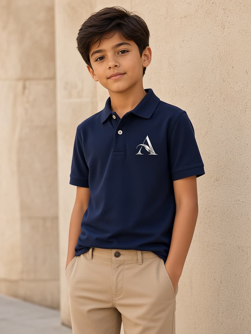 Child in a navy polo and sand trousers against warm stone