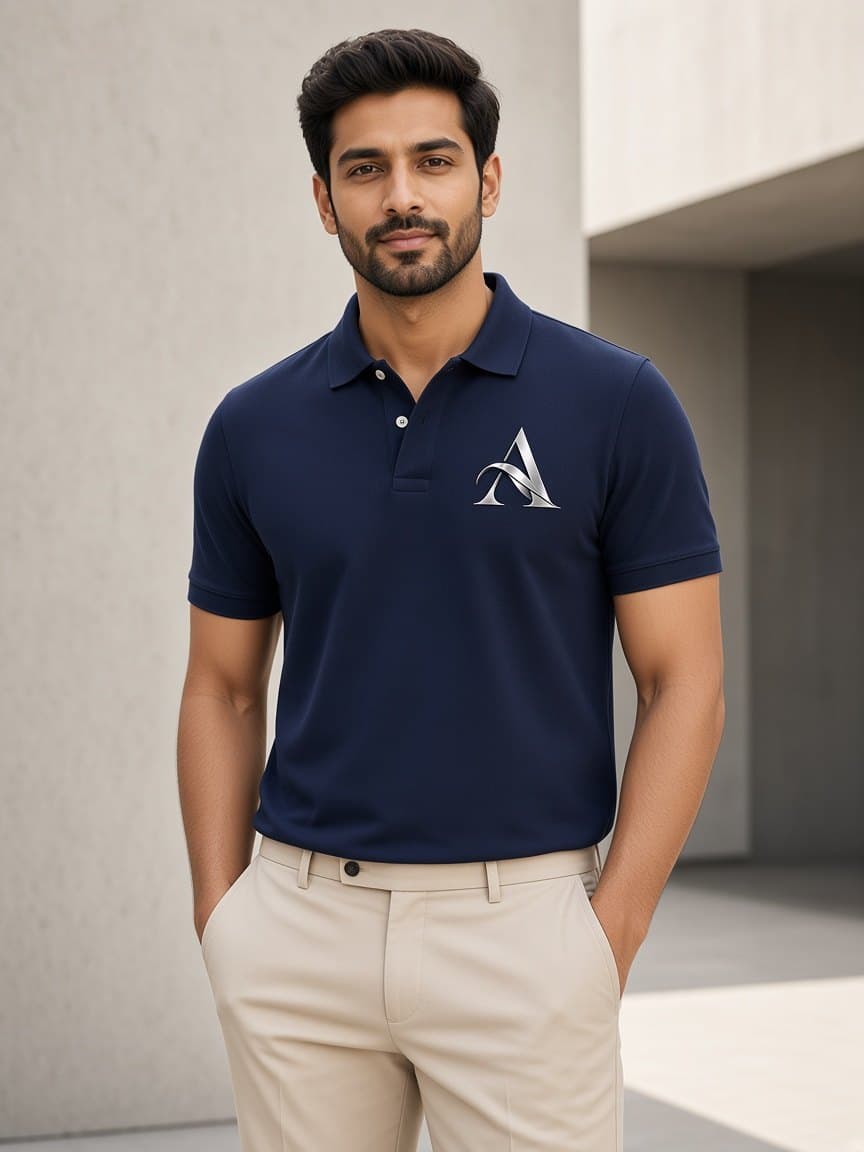 Man in a navy polo and sand trousers against pale stone