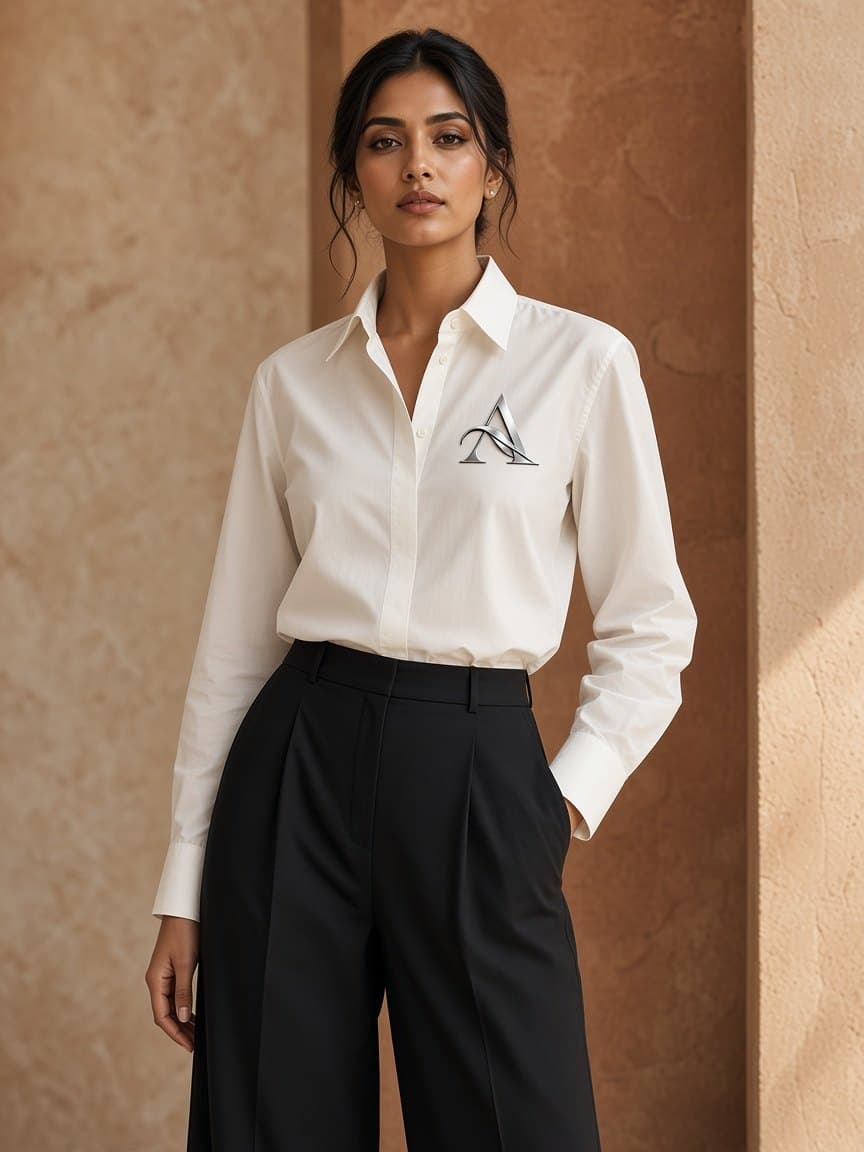 Woman in an ivory shirt and black trousers in warm light